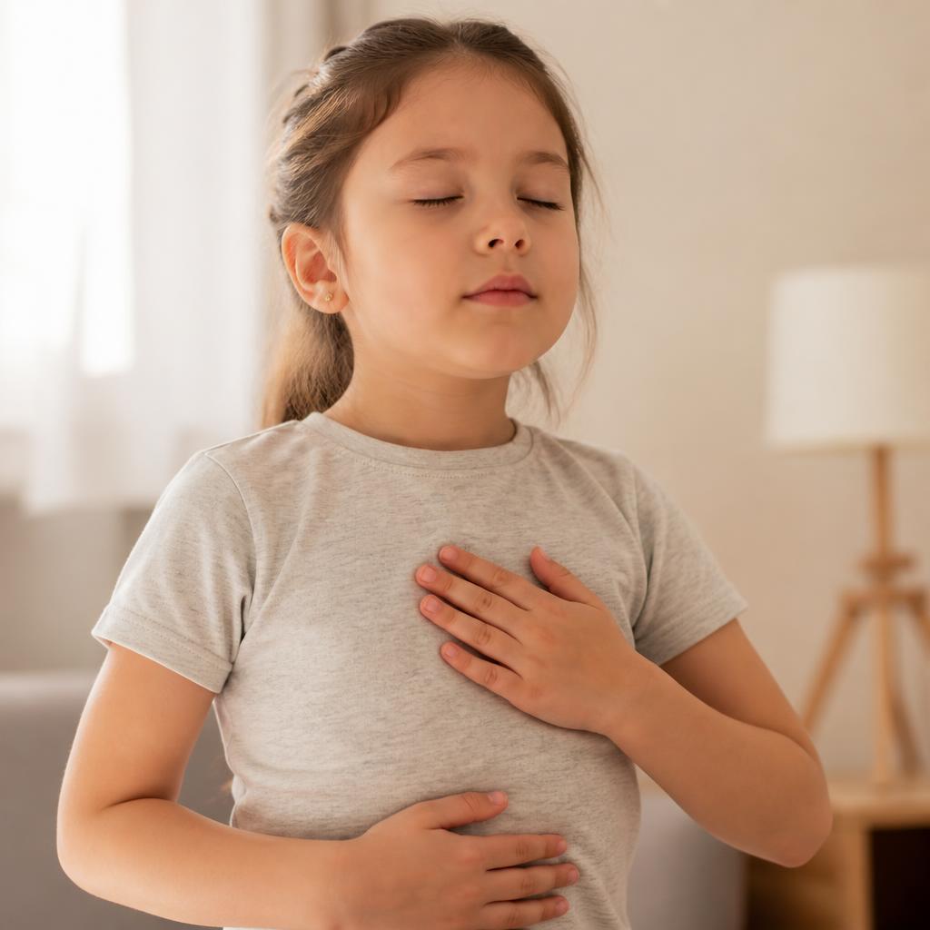 Niña respirando con las manos en el pecho y el vientre