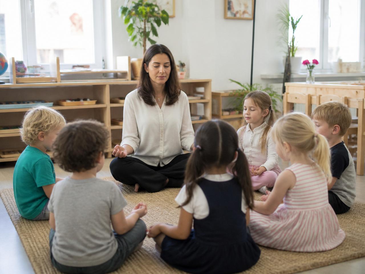 Maestra guiando una actividad de mindfulness en el aula