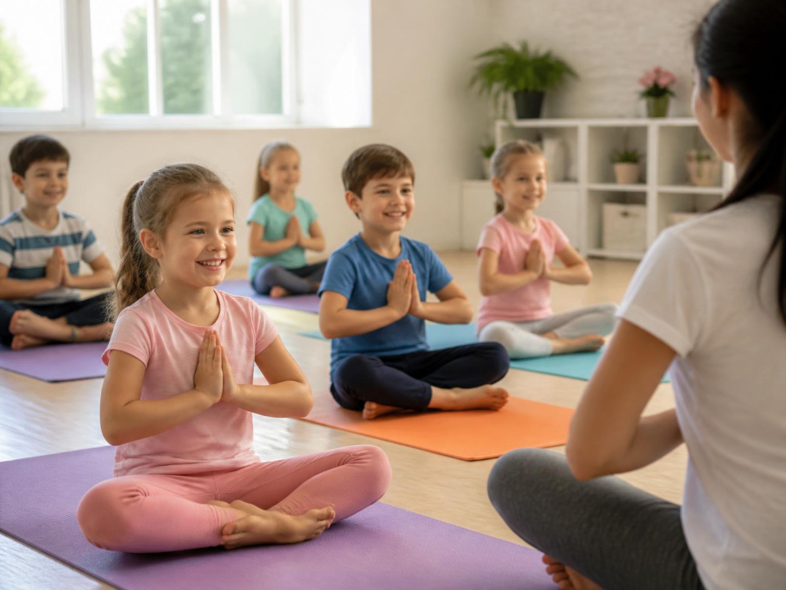 Niños practicando yoga en un aula luminosa
